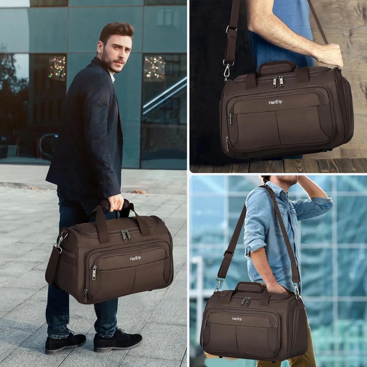 Foldable Underseat Carry On Luggage Bags for Travel Lightweight Overnight Weekender Bag for Women Men Travel Tote Bag (Coffee)