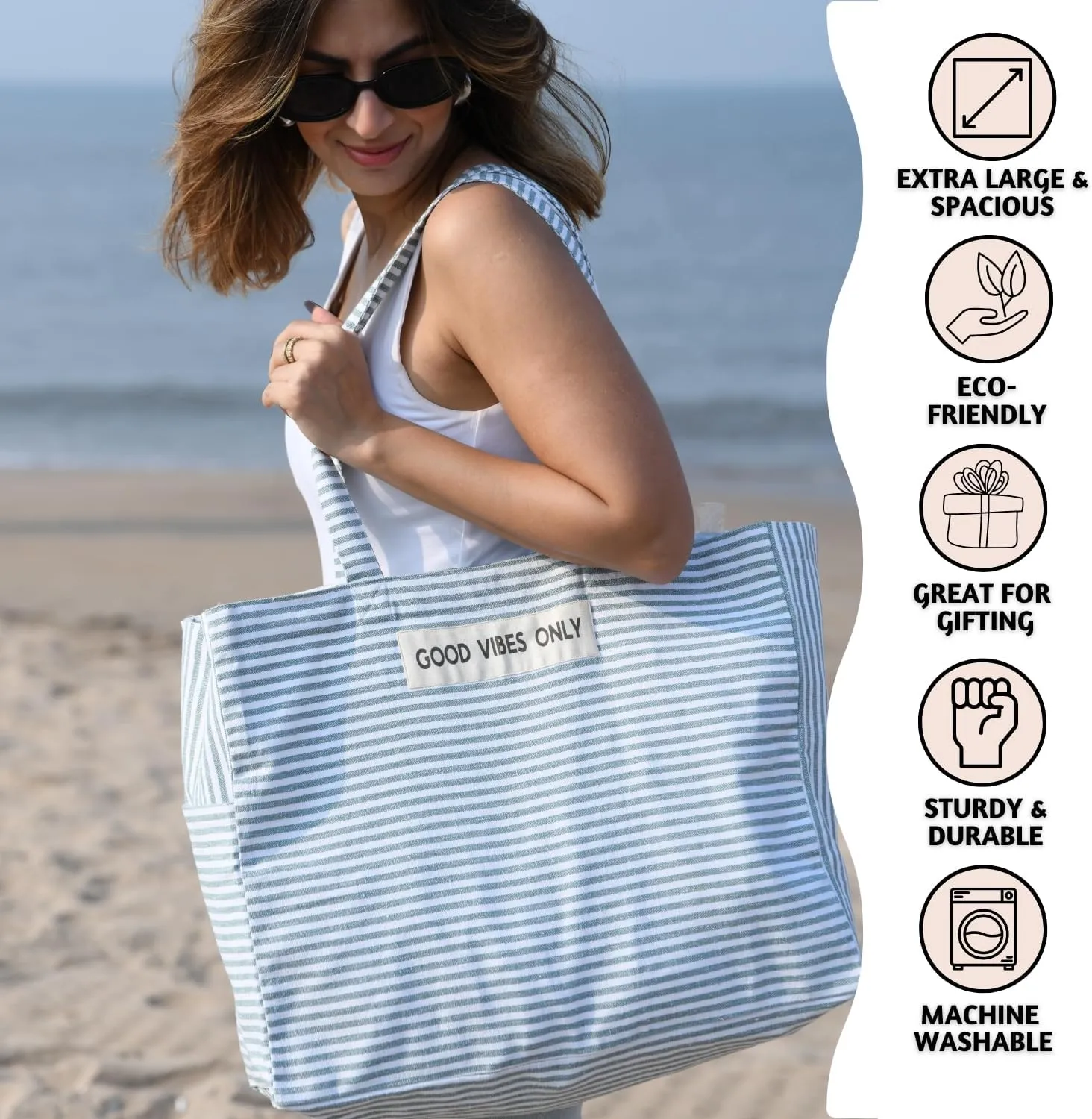 Folkulture Beach Bag for Women | 17 x 14 Inch - 100% Cotton Beach Tote Bag with Zipper Pocket Inside, Large Woven Pool Bag