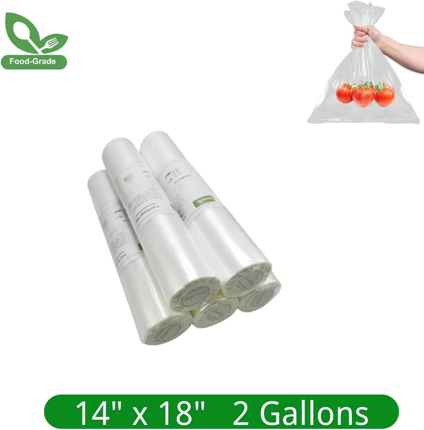 Food Storage Bags 14" x 18" 2 Gallons Clear Plastic Bag Roll Food-grade Plastic Produce Bag roll for lunches, Freezer & Oven-Safe PE bags for Kitchen Use, Fruits, Meat, Sandwich Bags 230/Roll