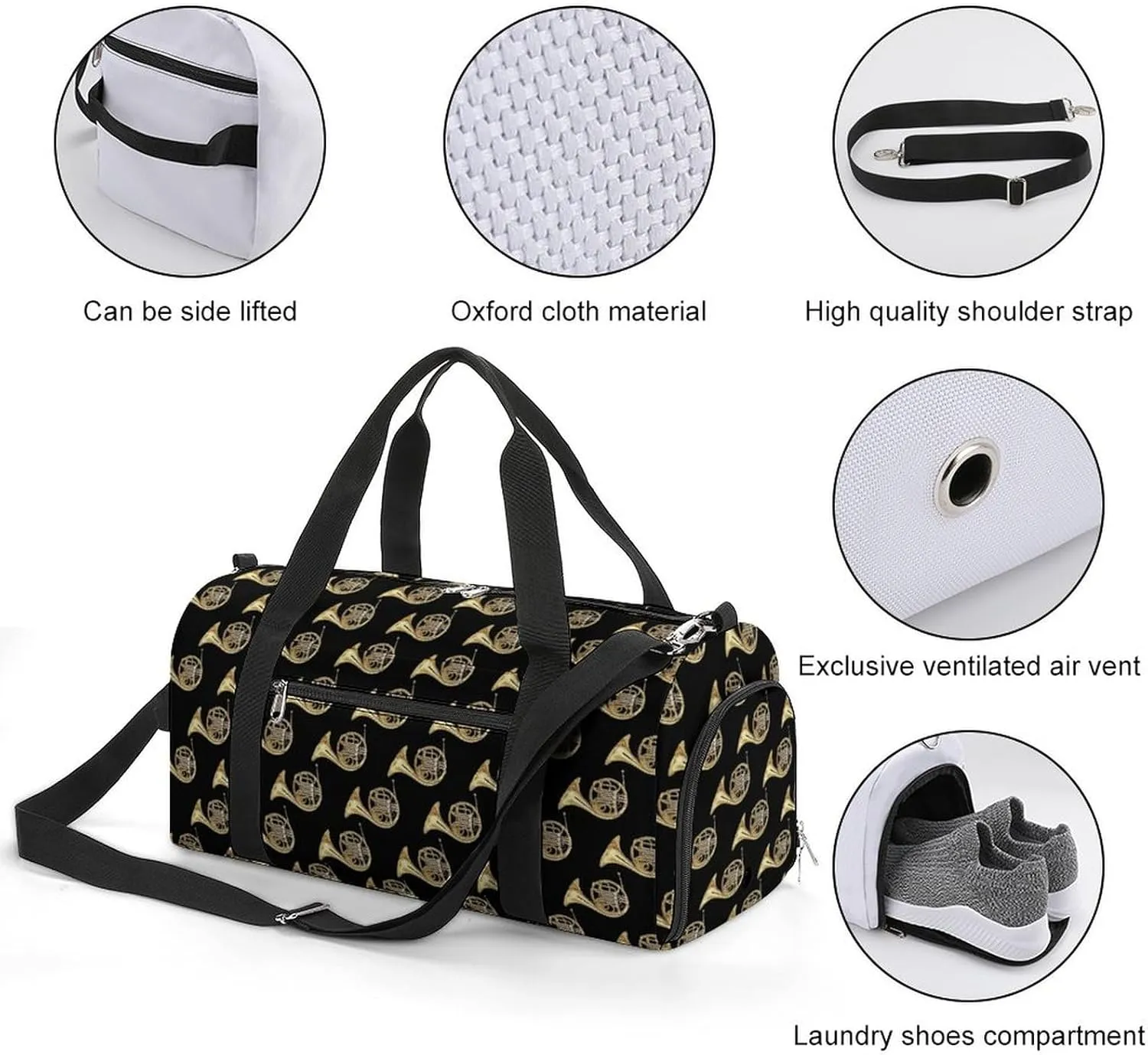 French Horns Golden Musical Instrument Black A Fitness Bag with Large Storage Space Is Suitable for Portable Outdoor Use