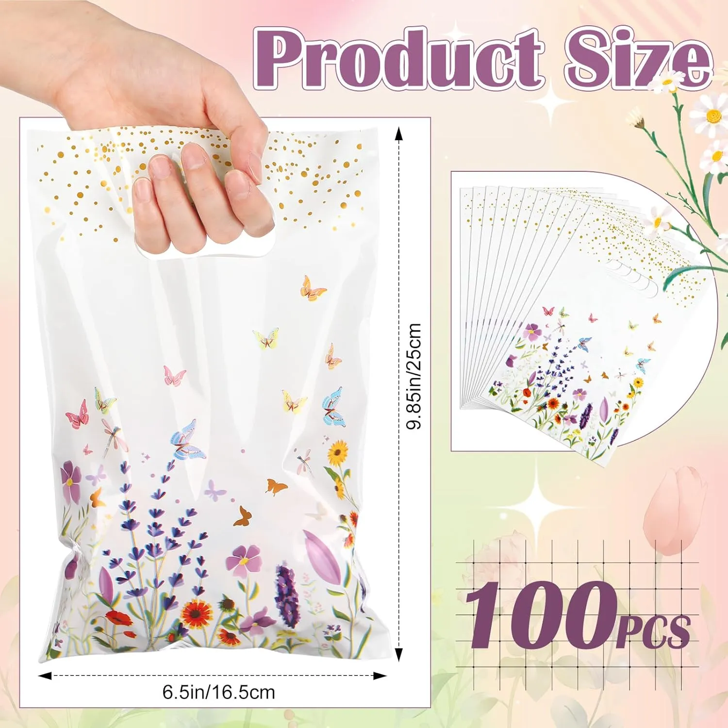 Frienda 100pcs Wildflower Plastic Gift Bags Wildflower Gift Bags with Handles 9.84''x6.5'' Spring Floral Plastic Candy Goody Treat Bag for Spring Mother Bridal Wedding Birthday Daily Party Supplies