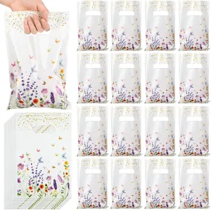 Frienda 100pcs Wildflower Plastic Gift Bags Wildflower Gift Bags with Handles 9.84''x6.5'' Spring Floral Plastic Candy Goody Treat Bag for Spring Mother Bridal Wedding Birthday Daily Party Supplies