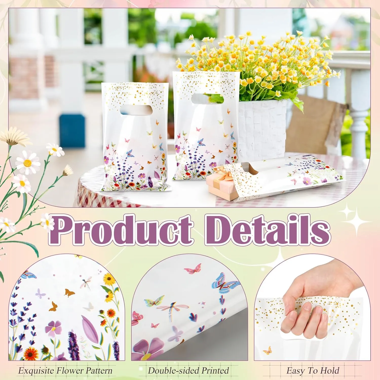 Frienda 100pcs Wildflower Plastic Gift Bags Wildflower Gift Bags with Handles 9.84''x6.5'' Spring Floral Plastic Candy Goody Treat Bag for Spring Mother Bridal Wedding Birthday Daily Party Supplies