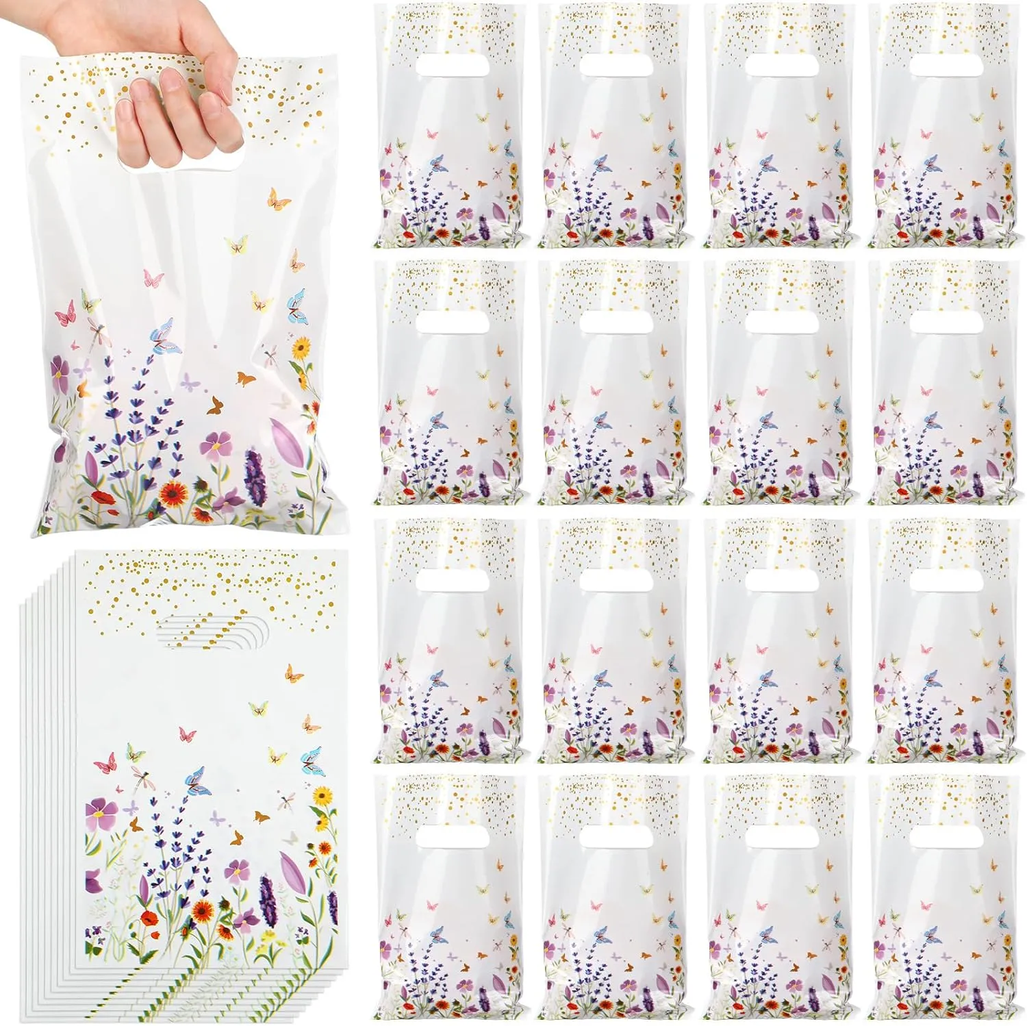 Frienda 100pcs Wildflower Plastic Gift Bags Wildflower Gift Bags with Handles 9.84''x6.5'' Spring Floral Plastic Candy Goody Treat Bag for Spring Mother Bridal Wedding Birthday Daily Party Supplies