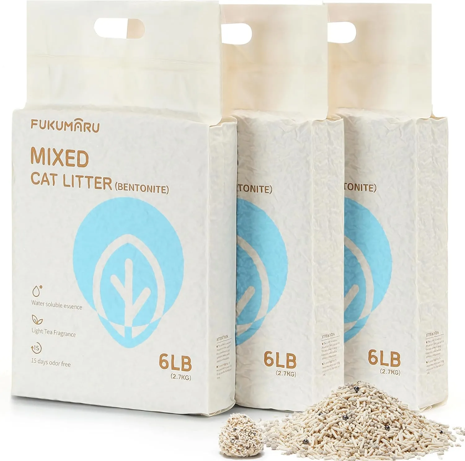 FUKUMARU Tofu Cat Litter, Strong Clumping Cat Litter Pellets, Effective Oder Control, Ultra Absorbent, Dust Free, Natural, Flushable, Lightweight, Low Tracking, White Tea, 6lb x 3 Bags