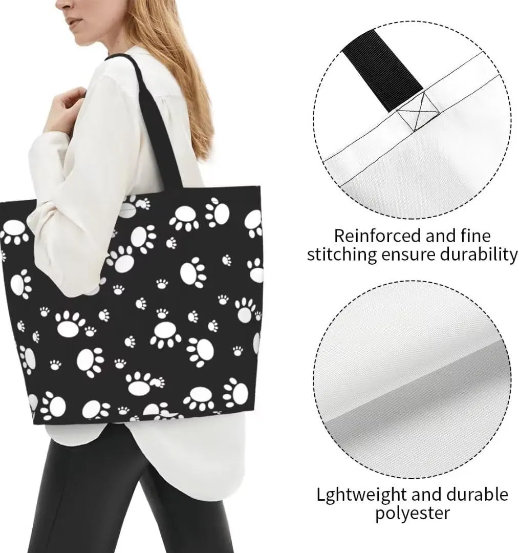 Funny Dog Theme Tote Bag for Women, Cute Paw Print Shoulder Reusable Beach Shopping Handbags Casual Travel Eco Friendly Waterproof Tote Bag Gifts for Dog Lovers Teacher Mother -Large