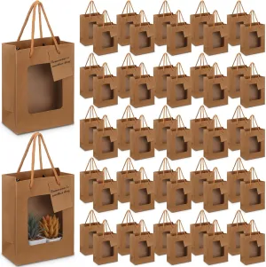 Fuutreo 50 Pcs Brown Kraft Paper Gift Bags with Window 7.5 x 3 x 6 In, Handles & Tags for Wedding, Valentine's, Mother's Day Gift Wrap