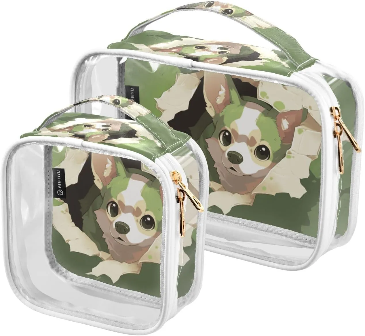 GAIGEO Cute Dog Behind a Green Wall Travel Transparent Bag, Toiletry Bag Traveling, Clear Makeup Bags for Women, 2 Pack