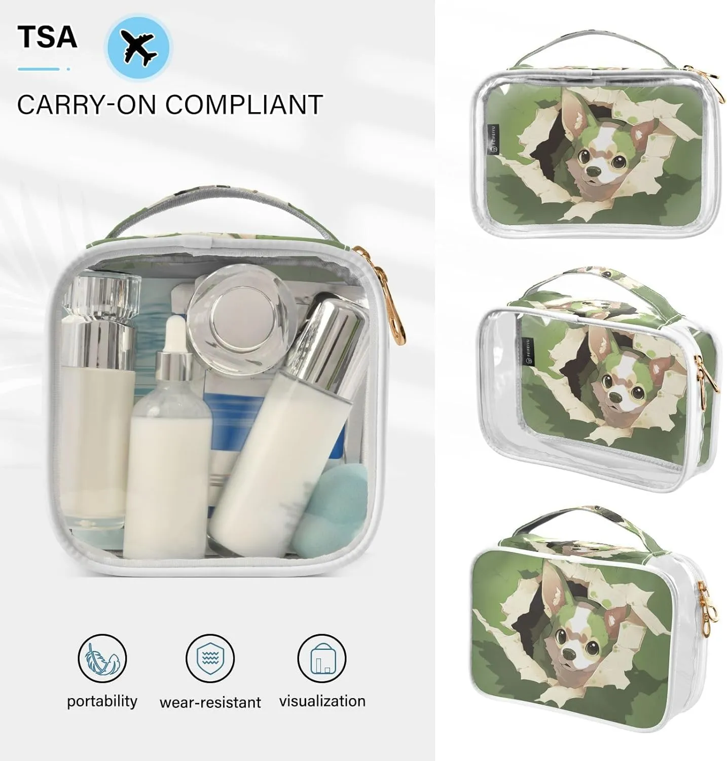 GAIGEO Cute Dog Behind a Green Wall Travel Transparent Bag, Toiletry Bag Traveling, Clear Makeup Bags for Women, 2 Pack
