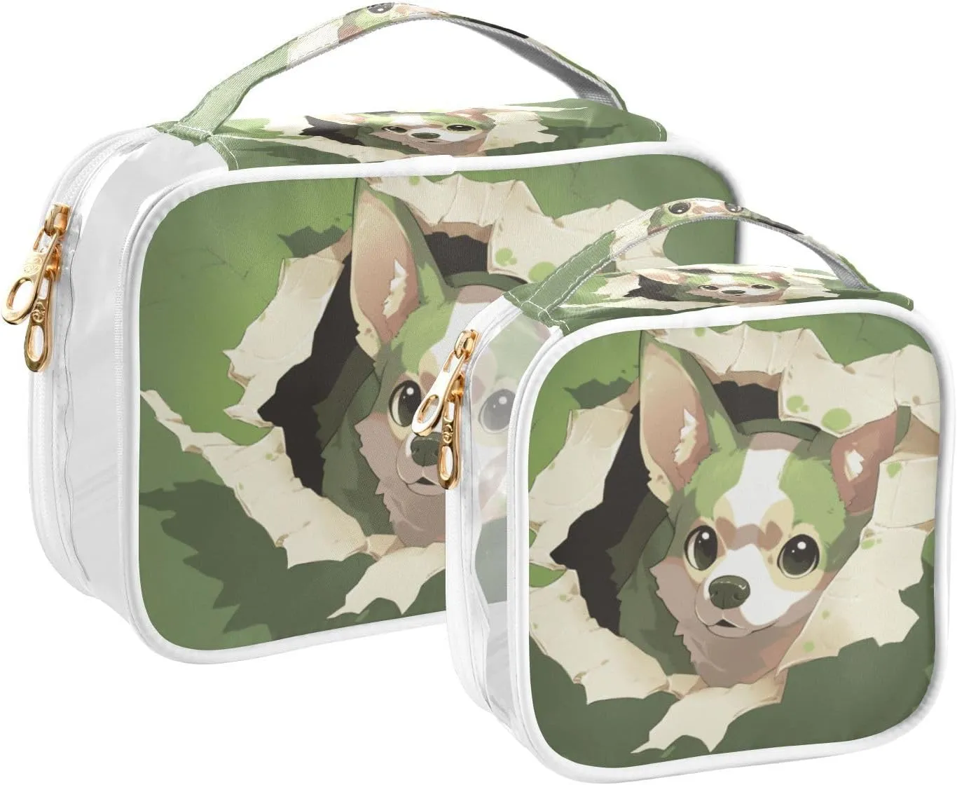 GAIGEO Cute Dog Behind a Green Wall Travel Transparent Bag, Toiletry Bag Traveling, Clear Makeup Bags for Women, 2 Pack