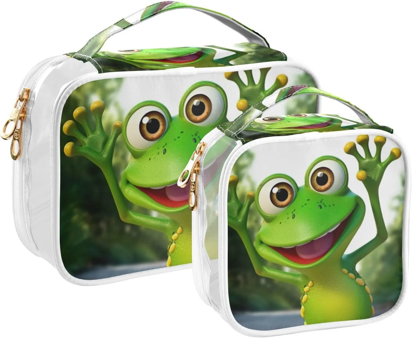 GAIGEO Green Cartoon Frog Waving Zipper Clear Toiletry Bag, Toiletry Bag for Traveling, Travel Toiletries Bags for Women, 2 Pack