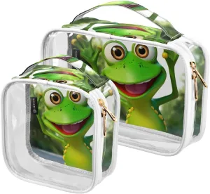 GAIGEO Green Cartoon Frog Waving Zipper Clear Toiletry Bag, Toiletry Bag for Traveling, Travel Toiletries Bags for Women, 2 Pack