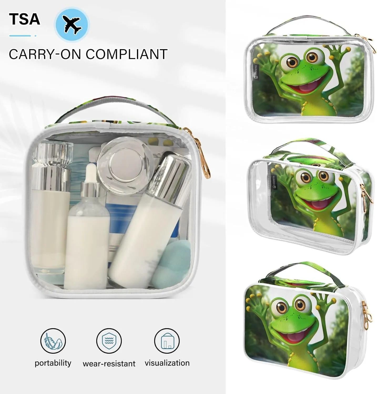 GAIGEO Green Cartoon Frog Waving Zipper Clear Toiletry Bag, Toiletry Bag for Traveling, Travel Toiletries Bags for Women, 2 Pack