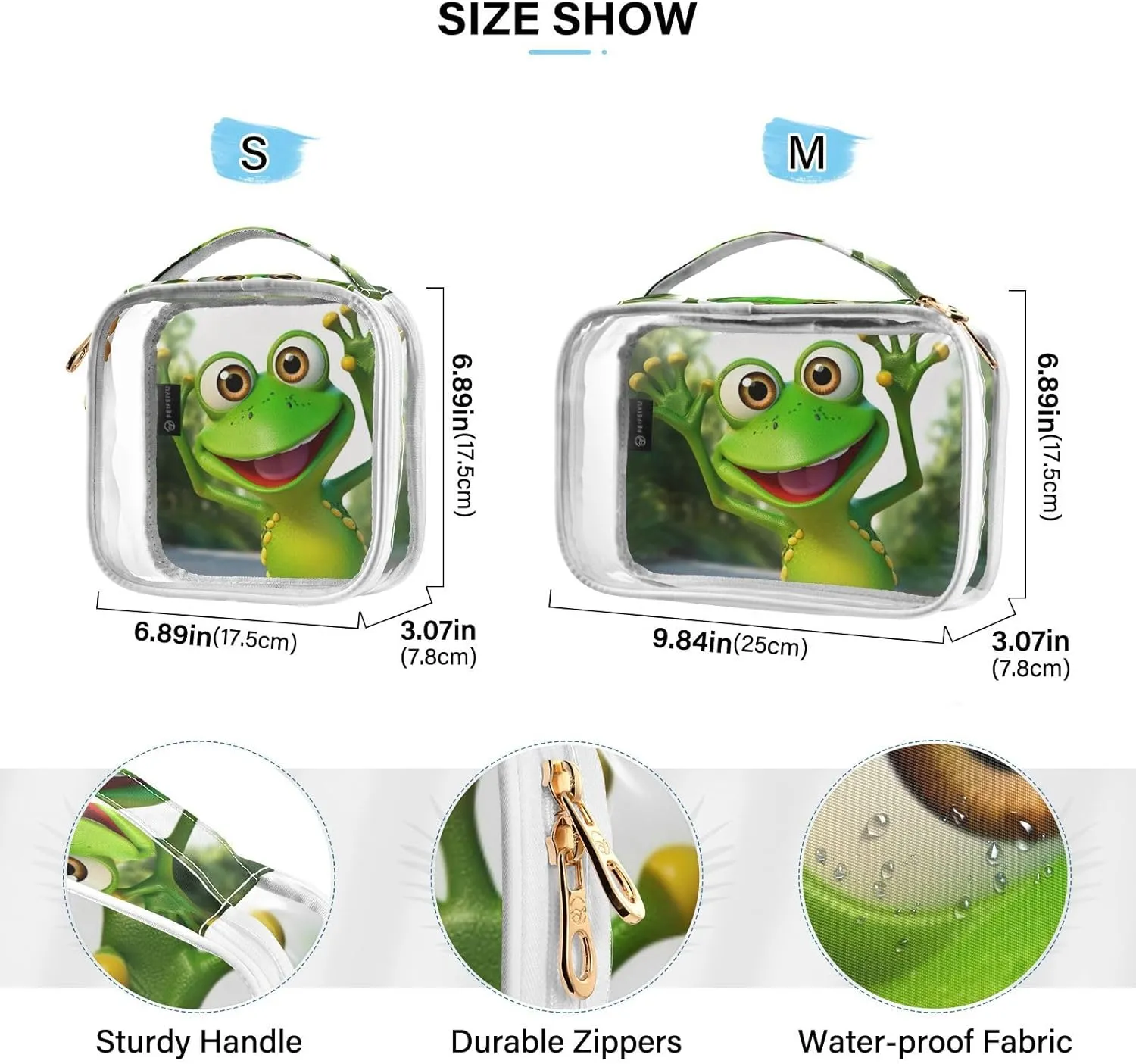 GAIGEO Green Cartoon Frog Waving Zipper Clear Toiletry Bag, Toiletry Bag for Traveling, Travel Toiletries Bags for Women, 2 Pack