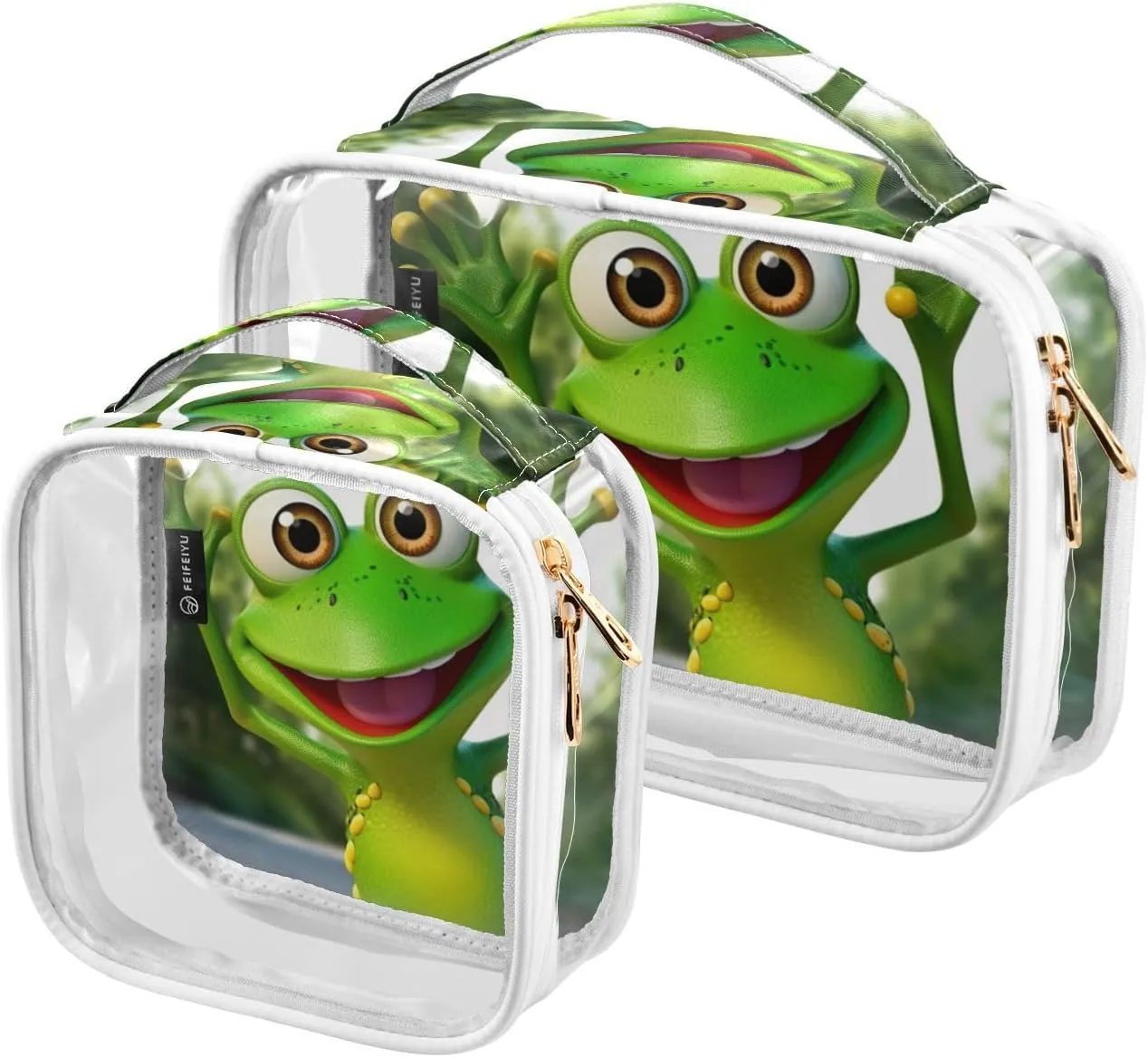 GAIGEO Green Cartoon Frog Waving Zipper Clear Toiletry Bag, Toiletry Bag for Traveling, Travel Toiletries Bags for Women, 2 Pack