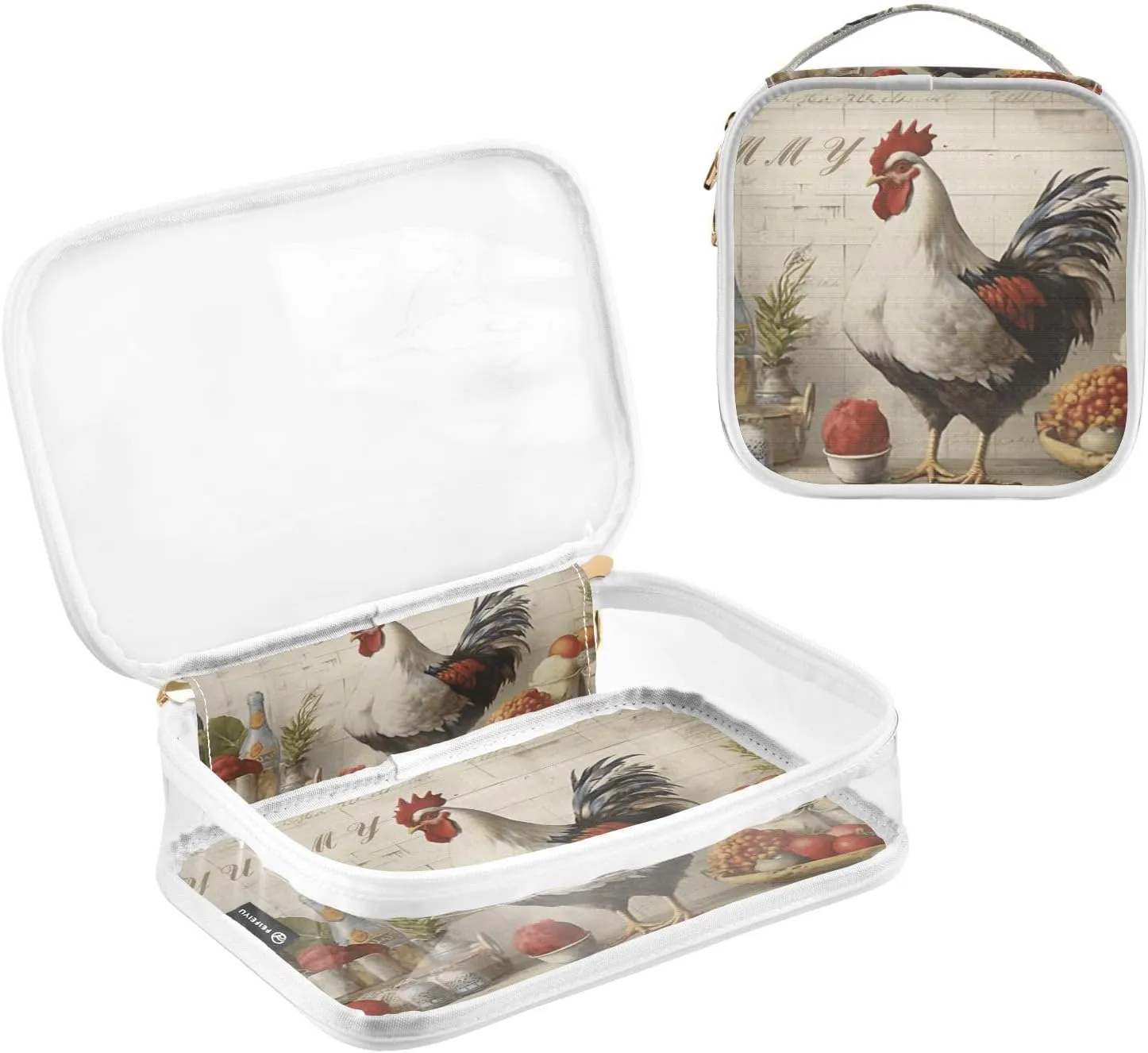 GAIGEO Rooster Tasty Yummy Kitchen Clear Makeup Bag Set, Travel Bag for Makeup, Travel Accessories Bags, 2 Pack