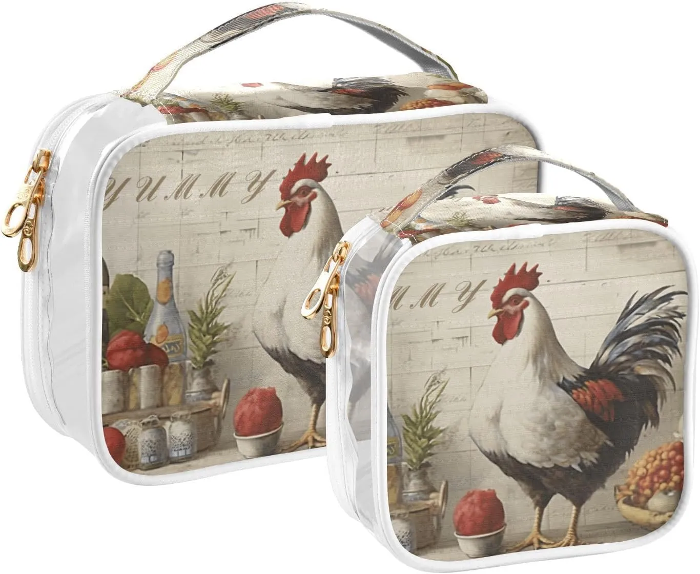 GAIGEO Rooster Tasty Yummy Kitchen Clear Makeup Bag Set, Travel Bag for Makeup, Travel Accessories Bags, 2 Pack