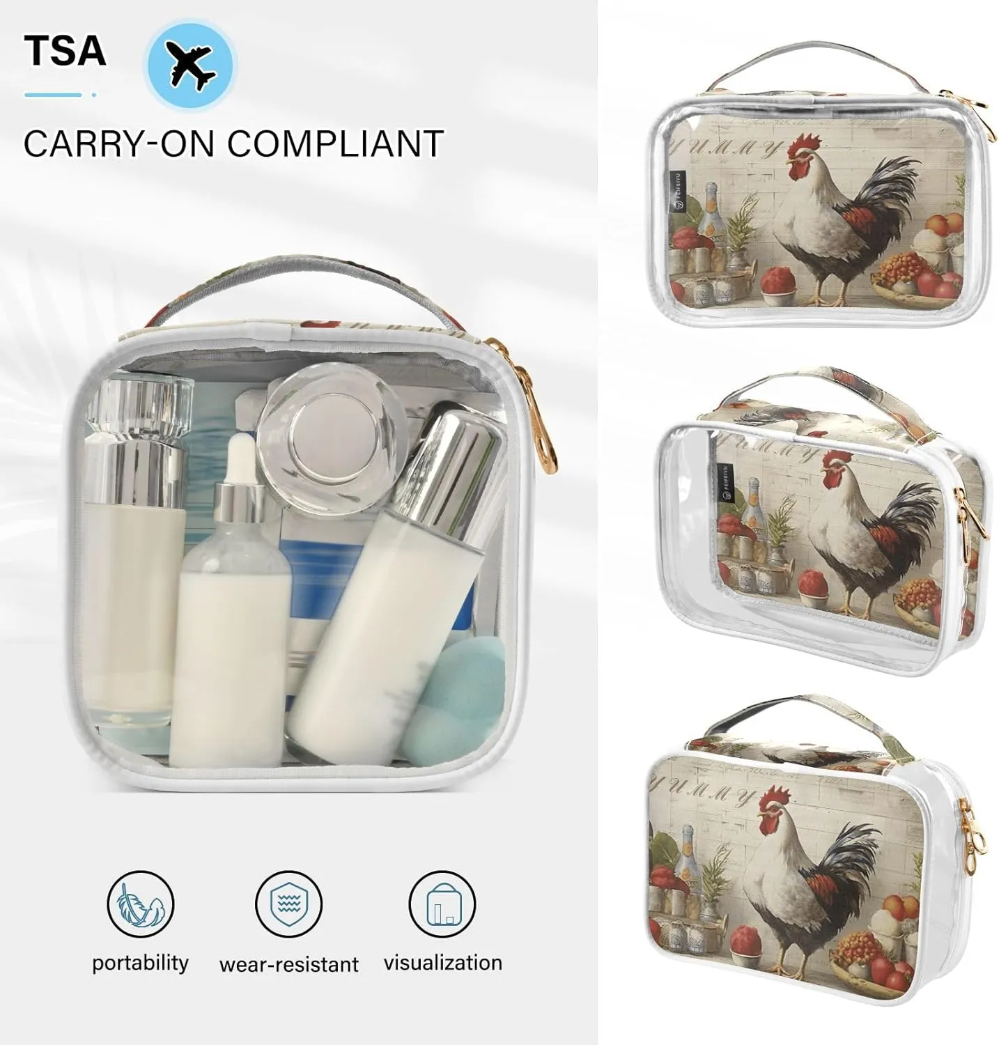 GAIGEO Rooster Tasty Yummy Kitchen Clear Makeup Bag Set, Travel Bag for Makeup, Travel Accessories Bags, 2 Pack