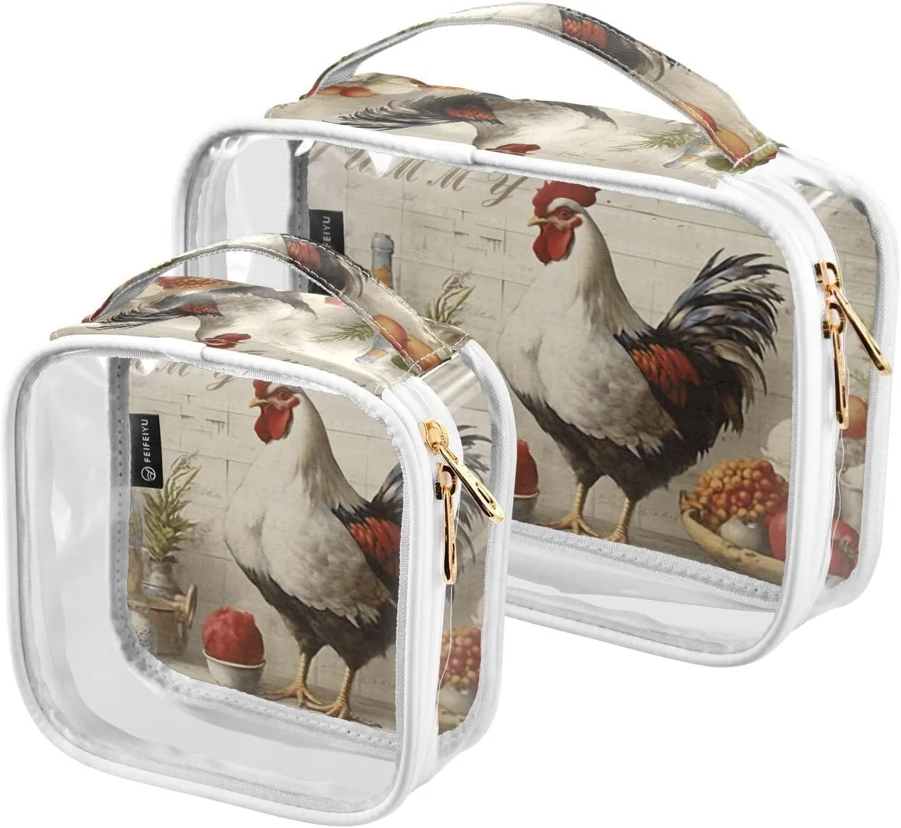 GAIGEO Rooster Tasty Yummy Kitchen Clear Makeup Bag Set, Travel Bag for Makeup, Travel Accessories Bags, 2 Pack