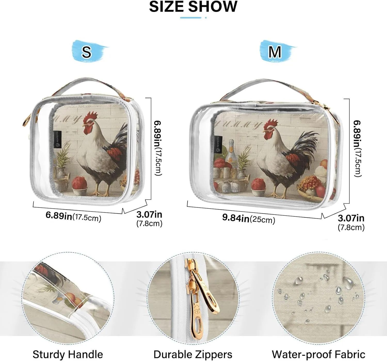 GAIGEO Rooster Tasty Yummy Kitchen Clear Makeup Bag Set, Travel Bag for Makeup, Travel Accessories Bags, 2 Pack