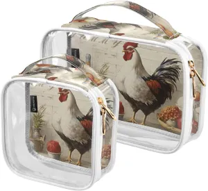 GAIGEO Rooster Tasty Yummy Kitchen Clear Makeup Bag Set, Travel Bag for Makeup, Travel Accessories Bags, 2 Pack