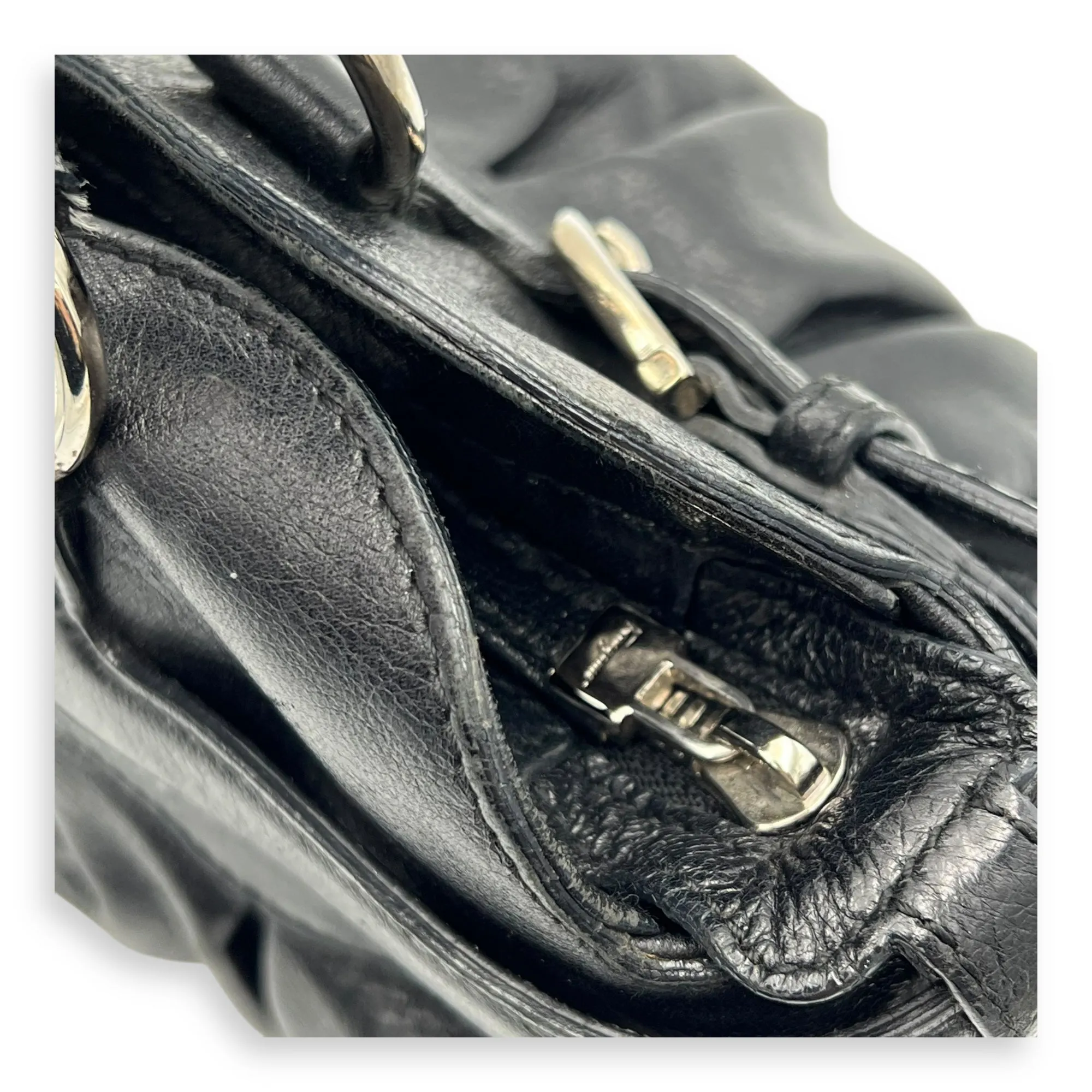 Gancini Black Top Handle Bag in Calfskin, Silver hardware
