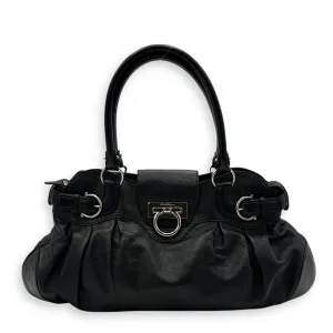 Gancini Black Top Handle Bag in Calfskin, Silver hardware