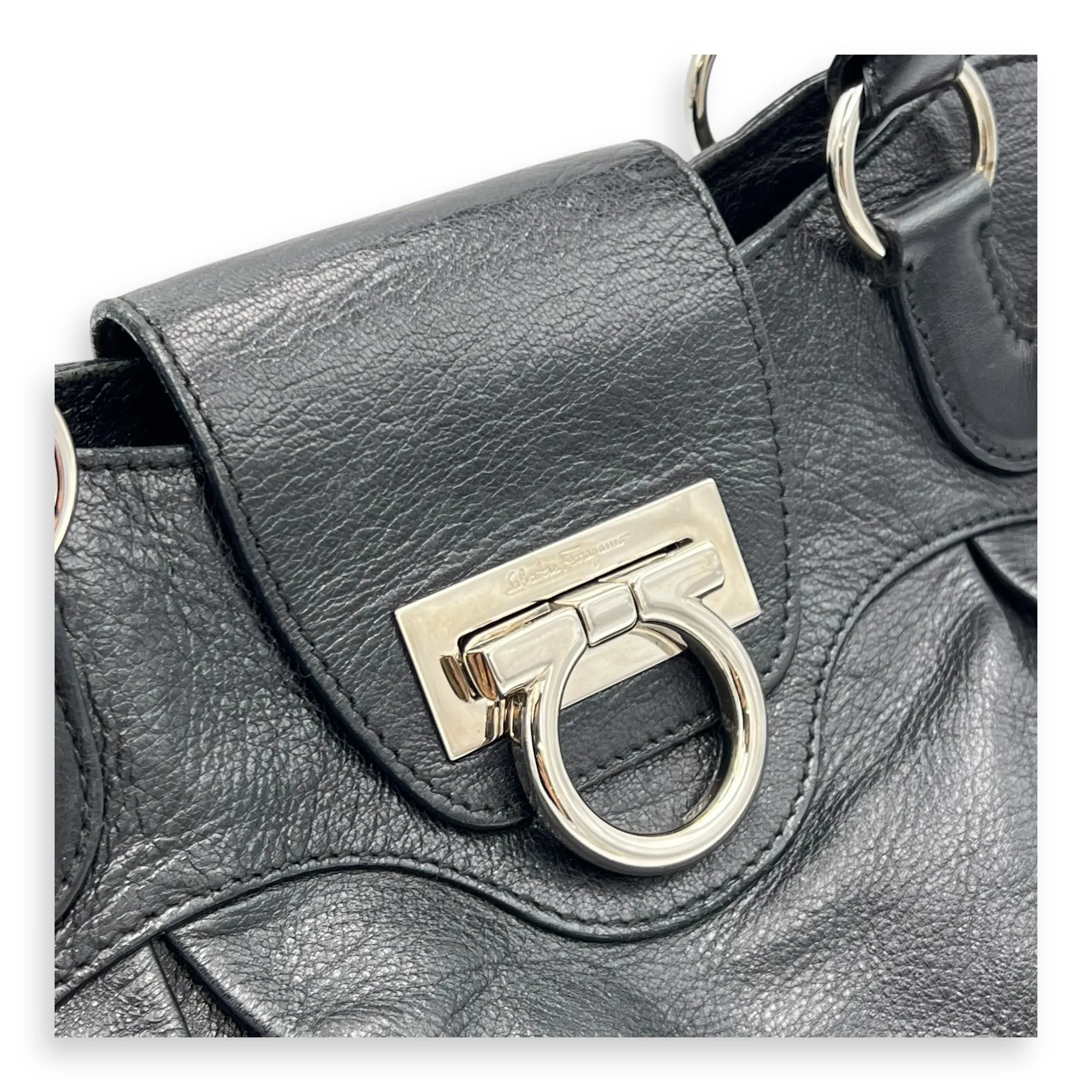 Gancini Black Top Handle Bag in Calfskin, Silver hardware