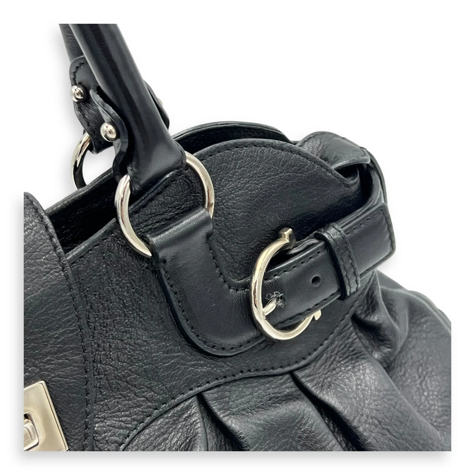 Gancini Black Top Handle Bag in Calfskin, Silver hardware
