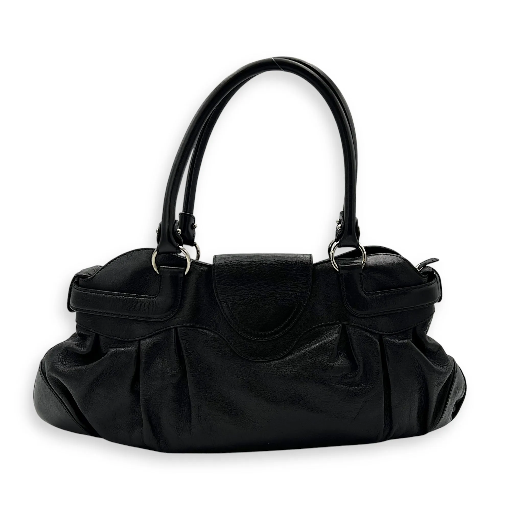 Gancini Black Top Handle Bag in Calfskin, Silver hardware