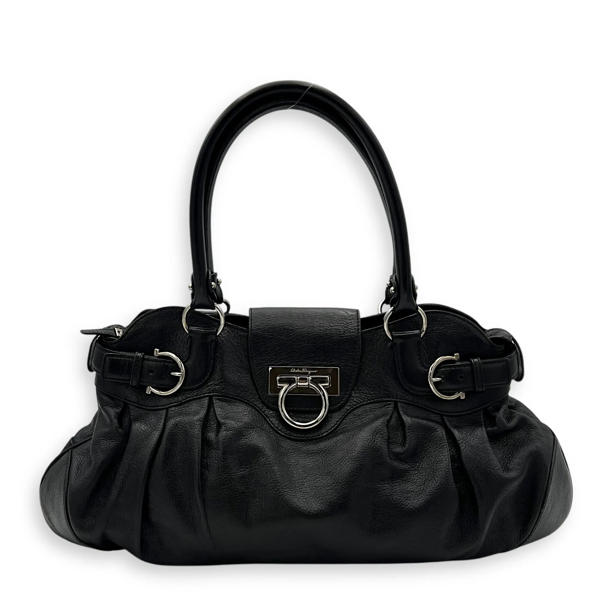 Gancini Black Top Handle Bag in Calfskin, Silver hardware