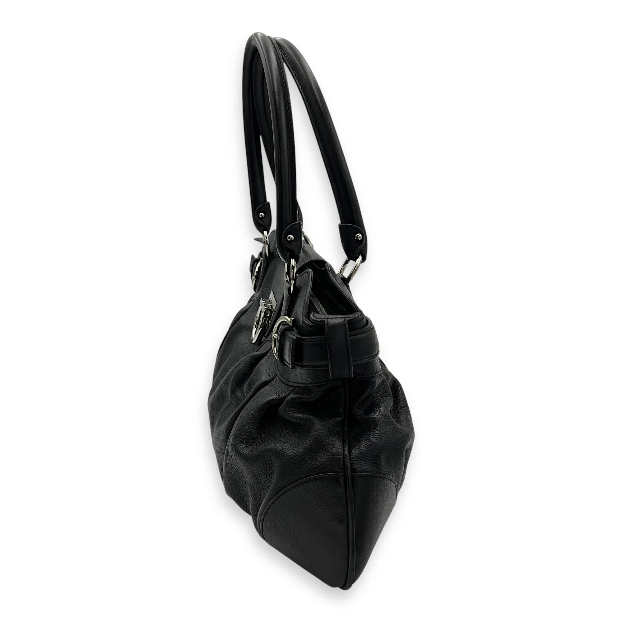Gancini Black Top Handle Bag in Calfskin, Silver hardware