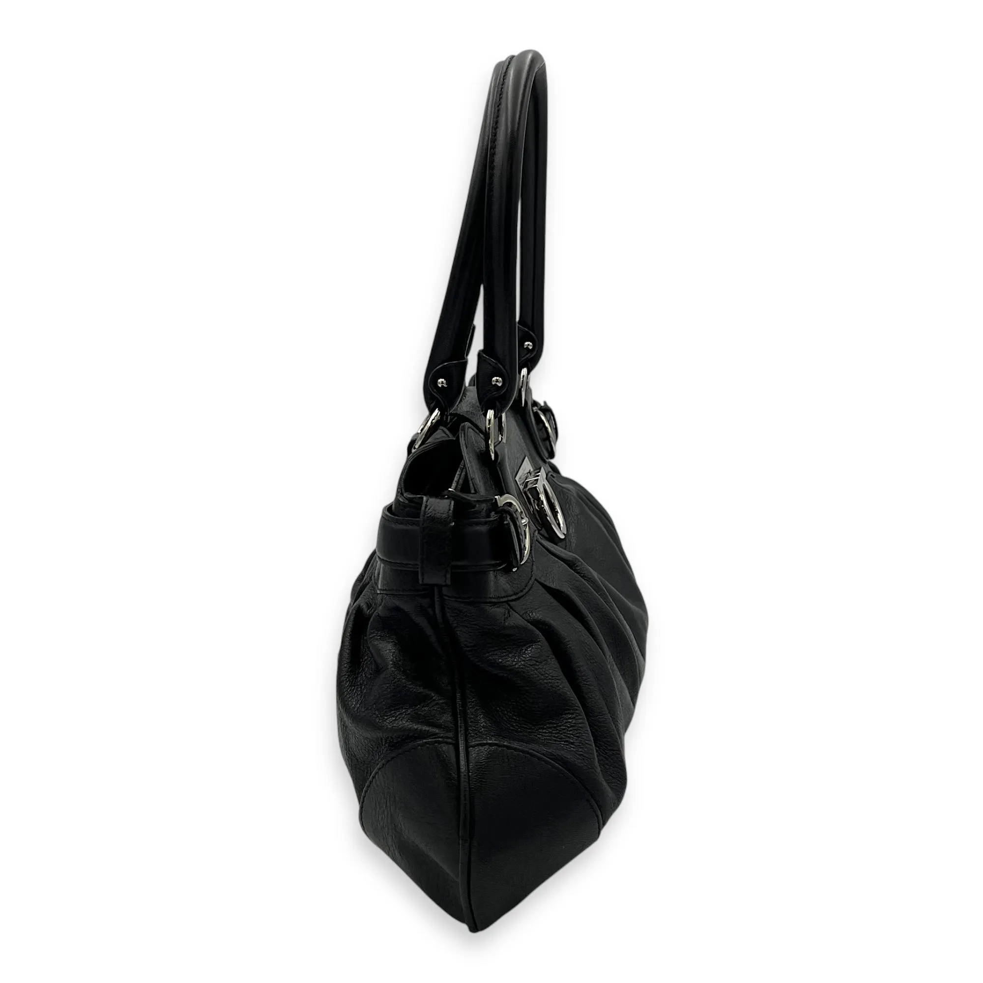 Gancini Black Top Handle Bag in Calfskin, Silver hardware