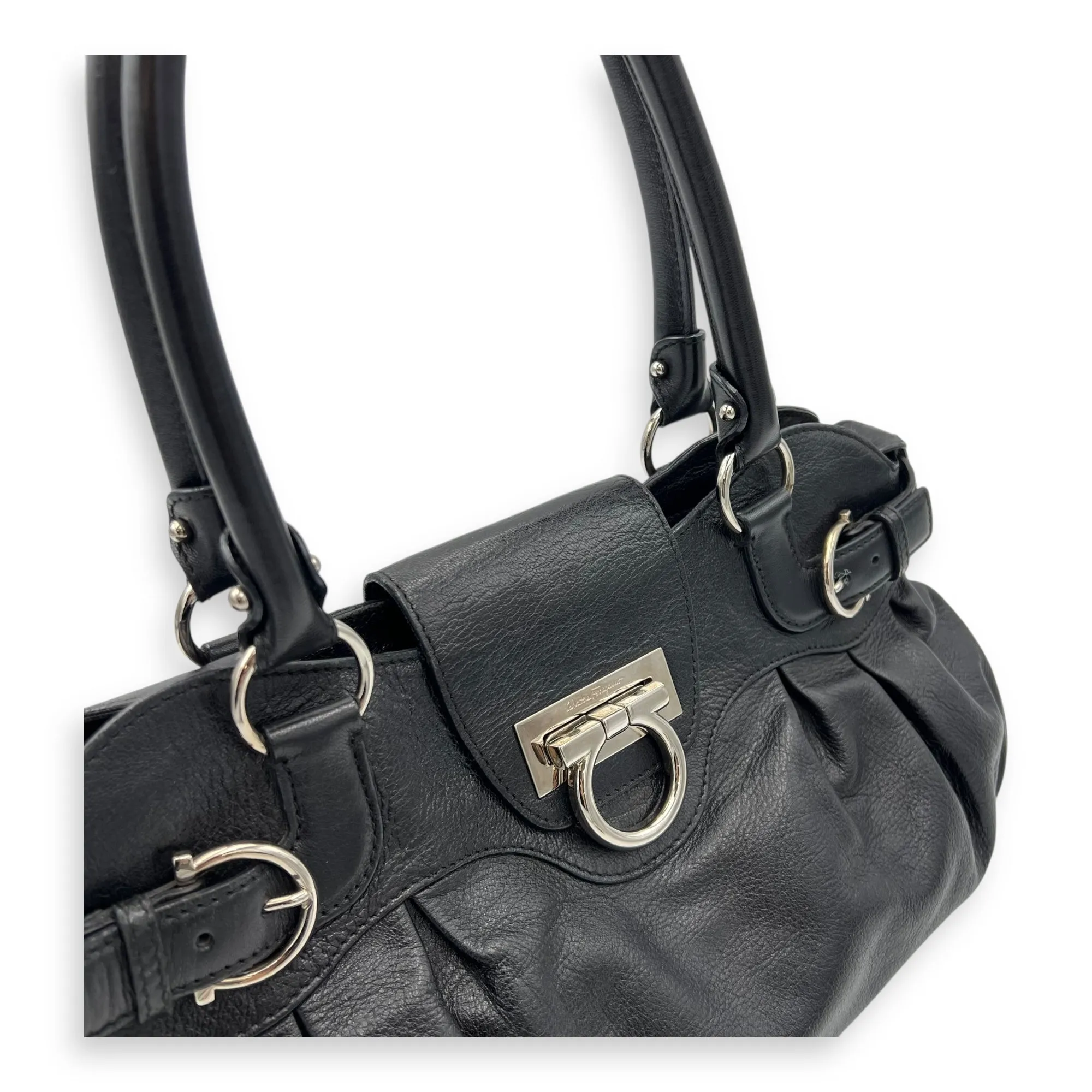 Gancini Black Top Handle Bag in Calfskin, Silver hardware