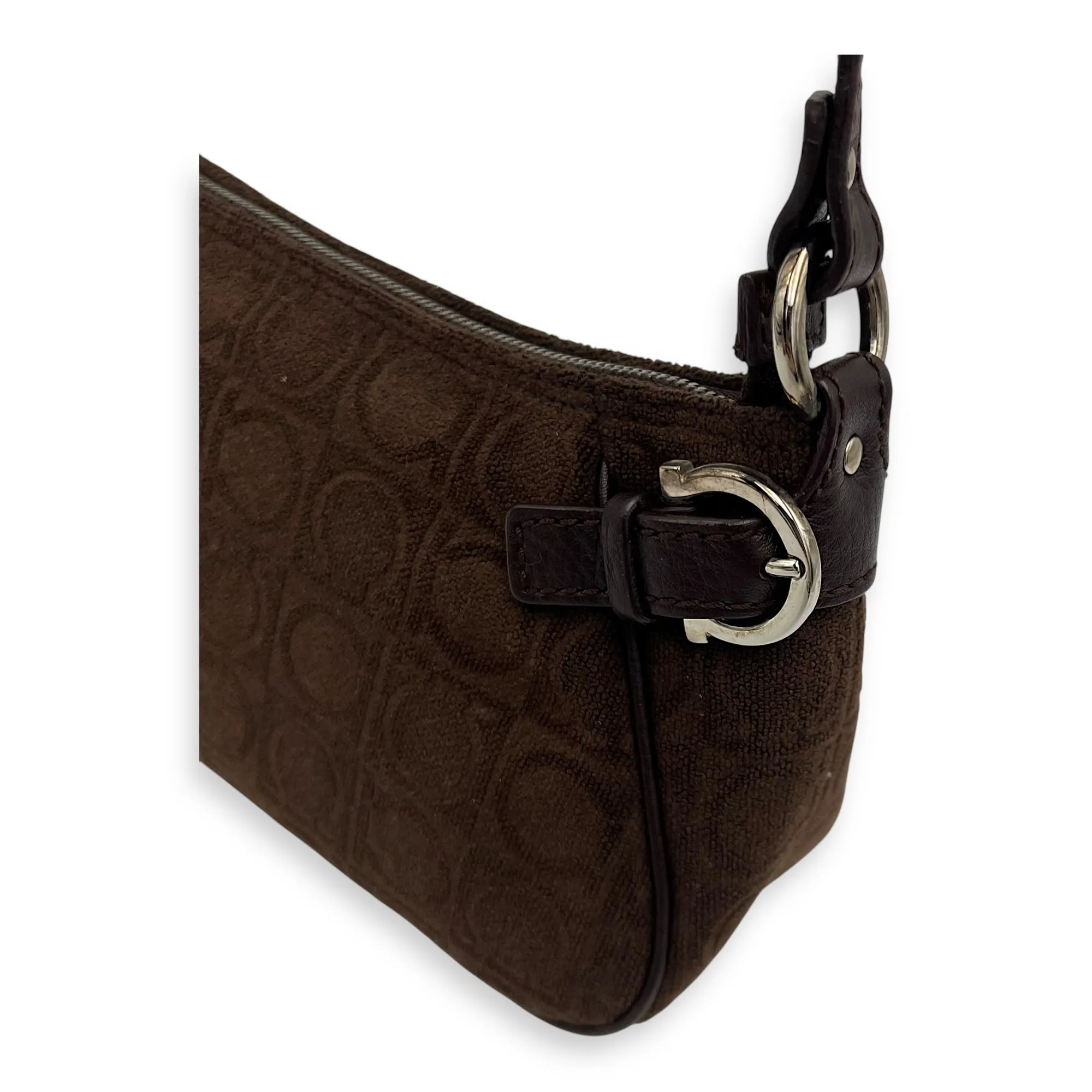 Gancini Brown Shoulder Bag in Fabric, Silver hardware