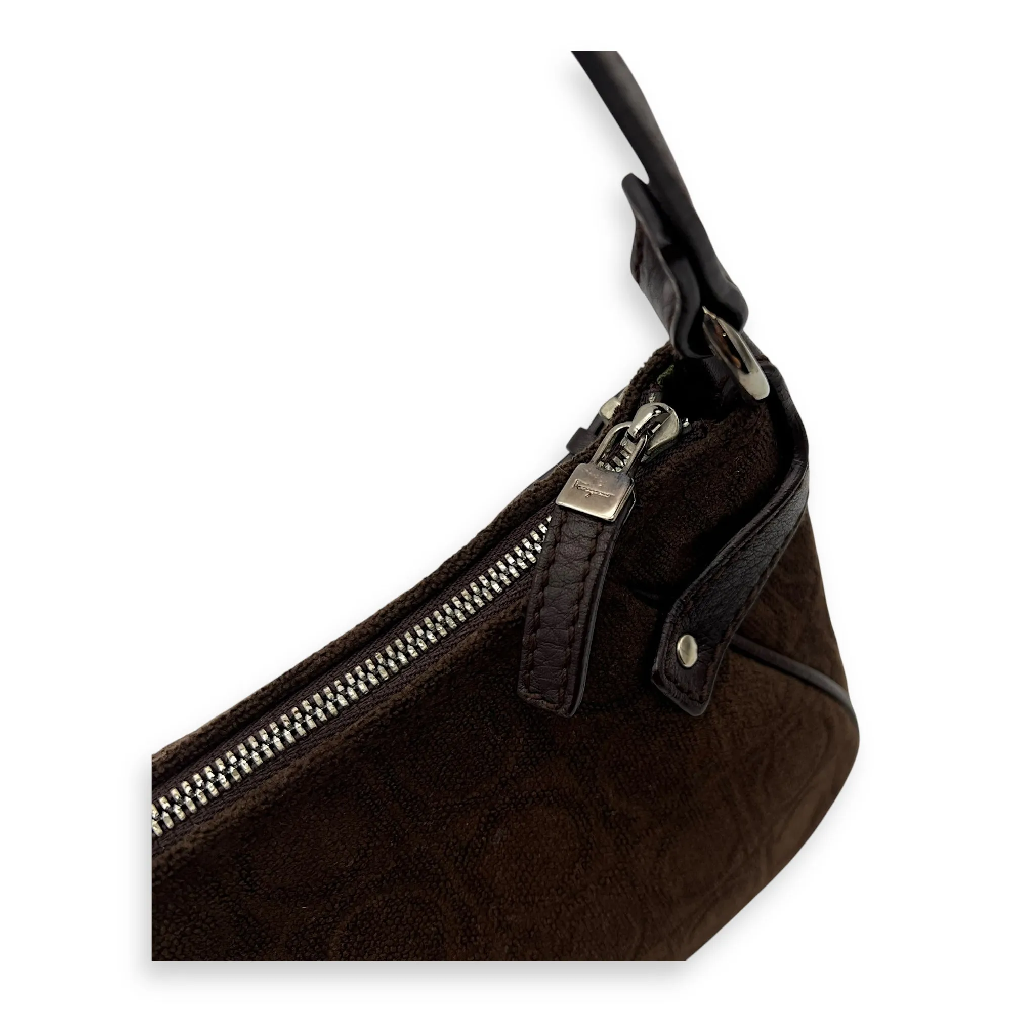 Gancini Brown Shoulder Bag in Fabric, Silver hardware