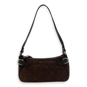Gancini Brown Shoulder Bag in Fabric, Silver hardware