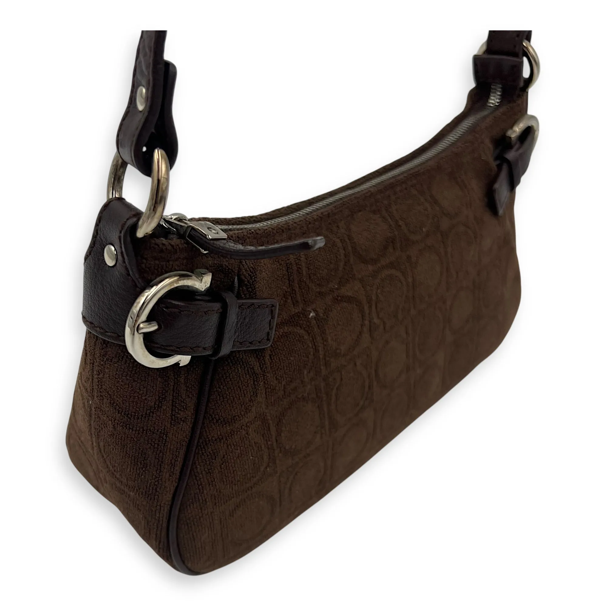 Gancini Brown Shoulder Bag in Fabric, Silver hardware