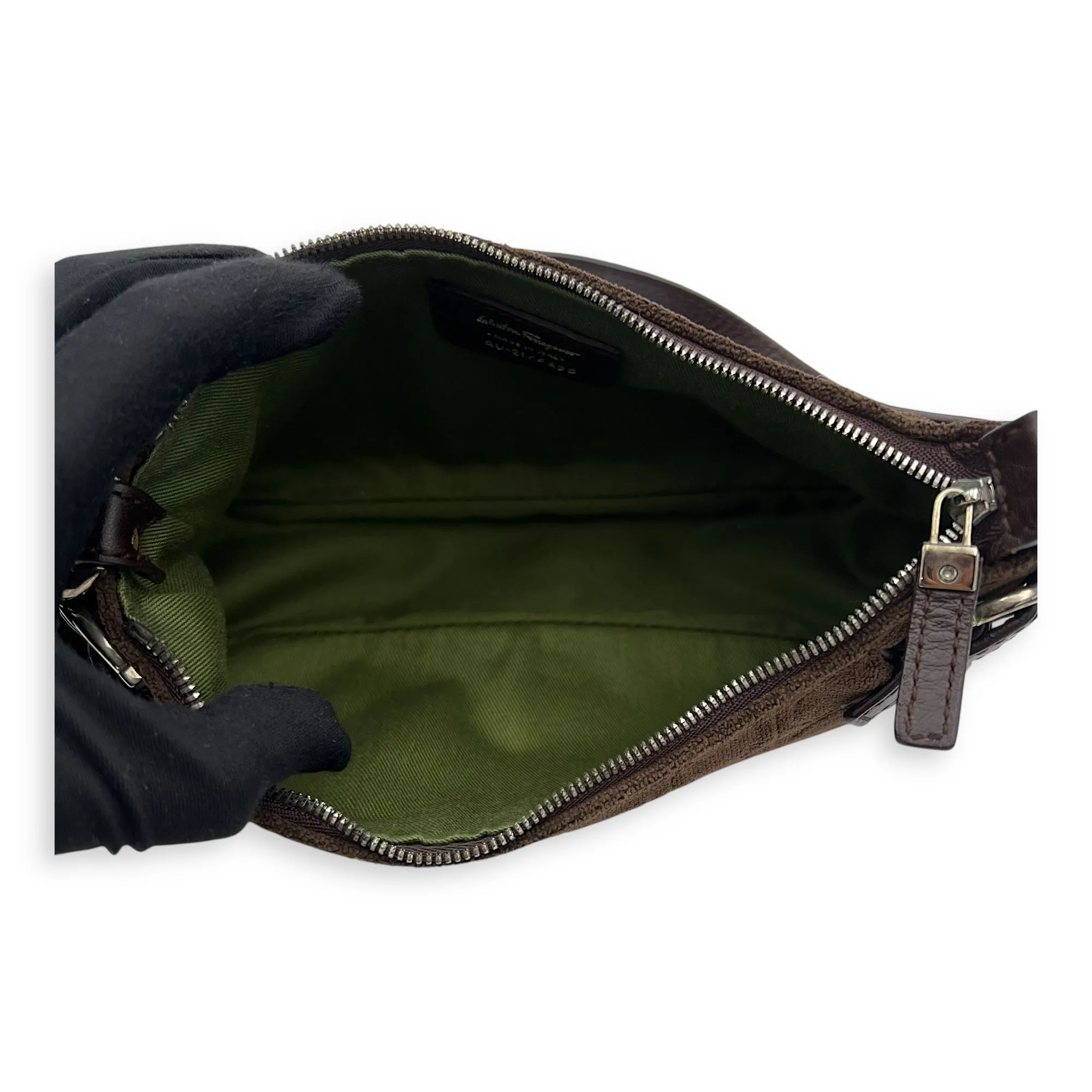 Gancini Brown Shoulder Bag in Fabric, Silver hardware