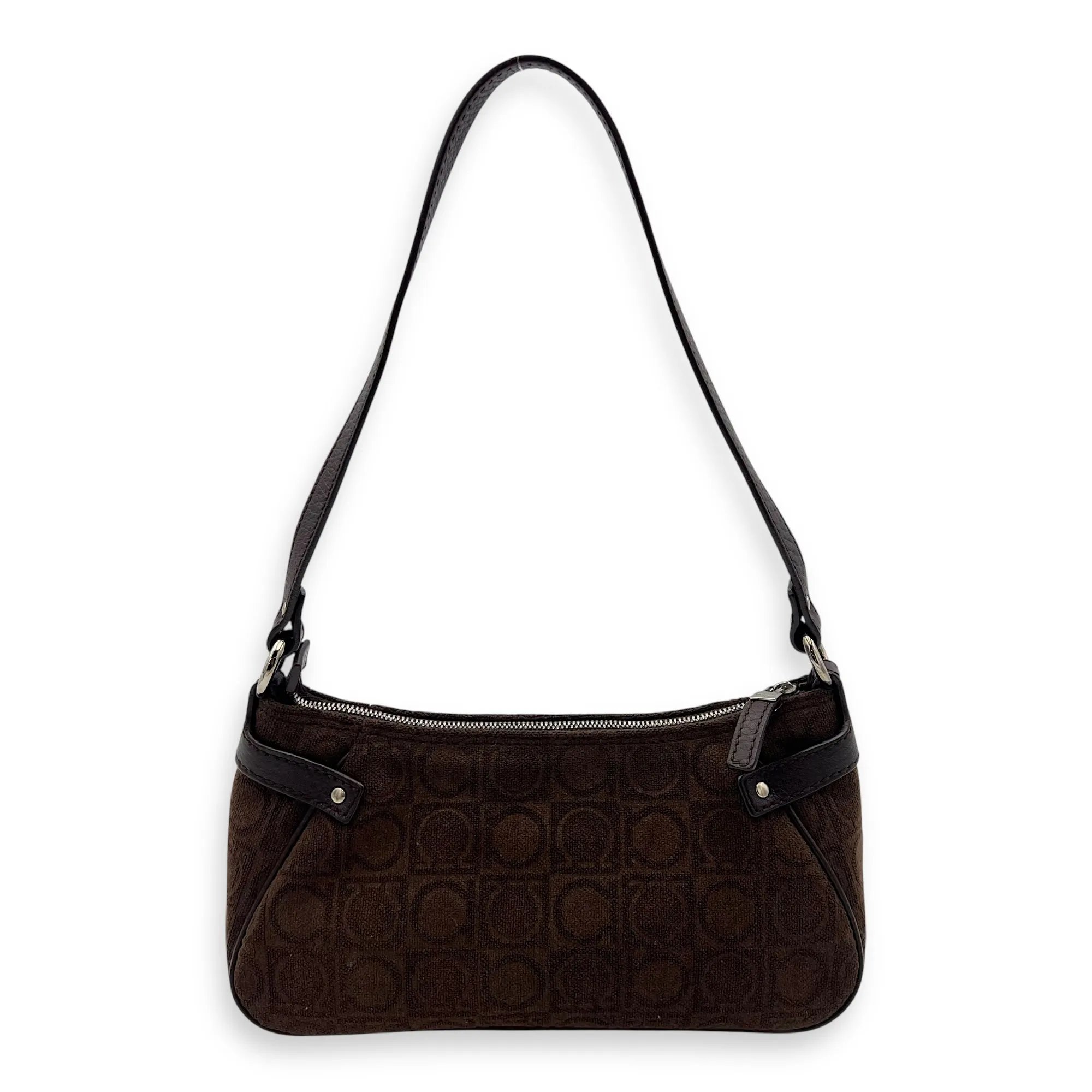Gancini Brown Shoulder Bag in Fabric, Silver hardware