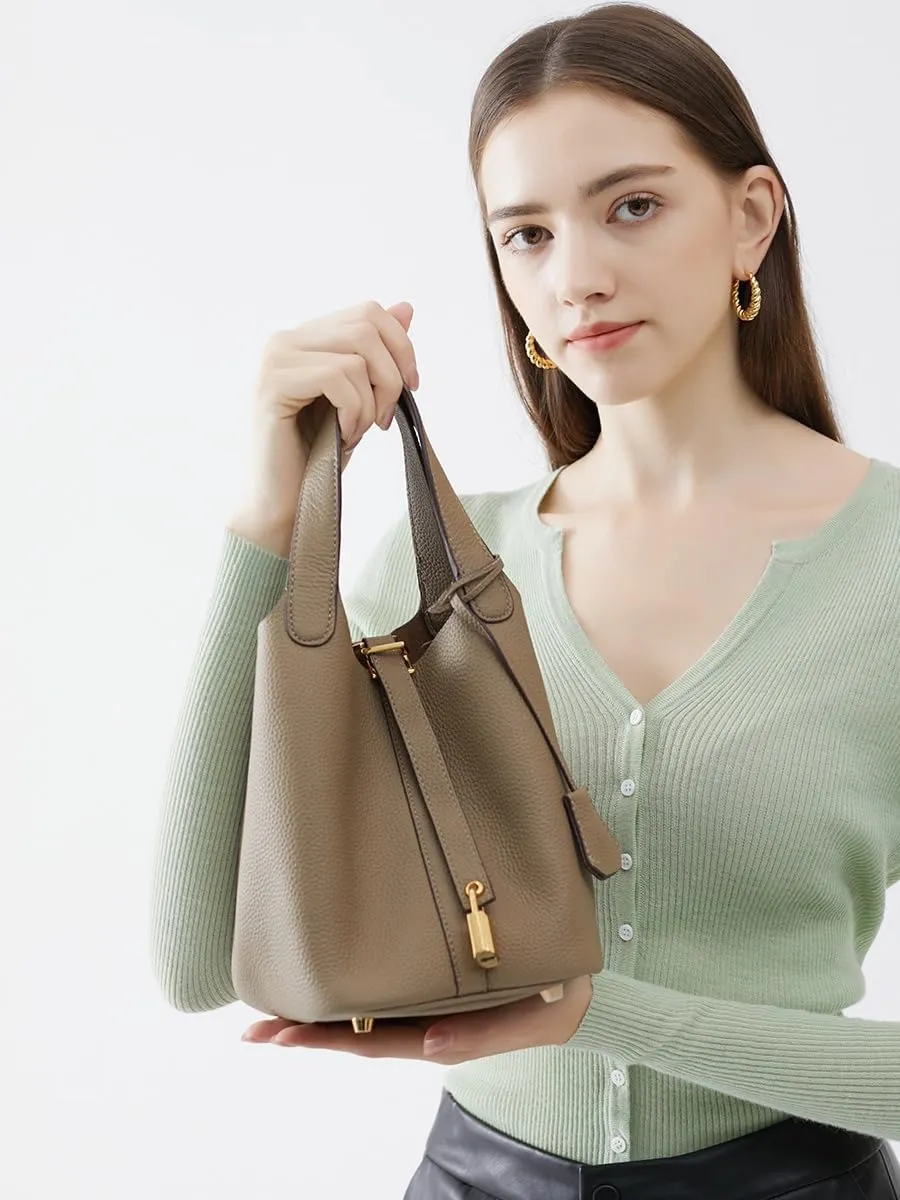 Genuine leather bucket bag for women old trend lychee drawstring soft basket tote bag