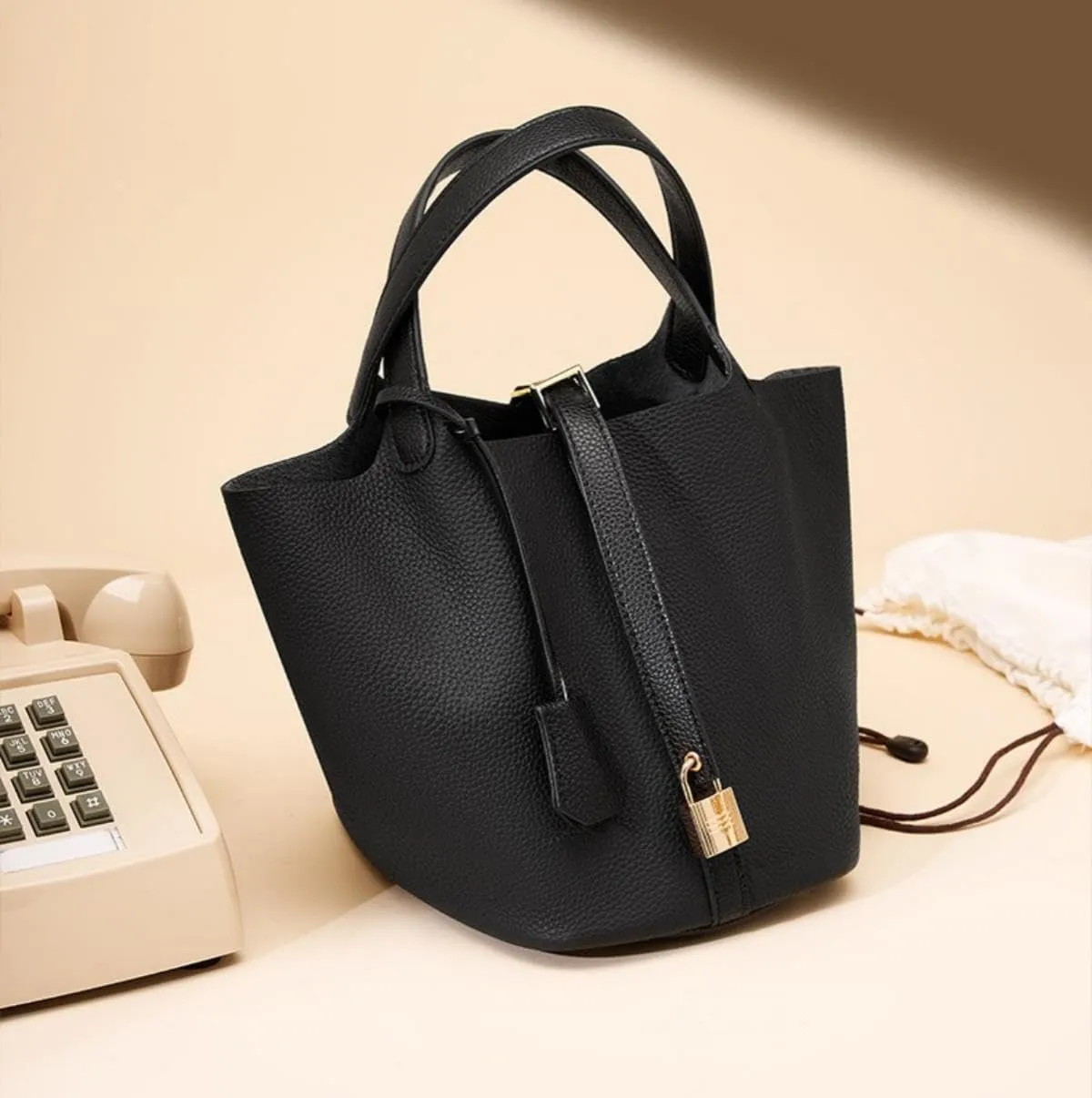 Genuine leather bucket bag for women old trend lychee drawstring soft basket tote bag