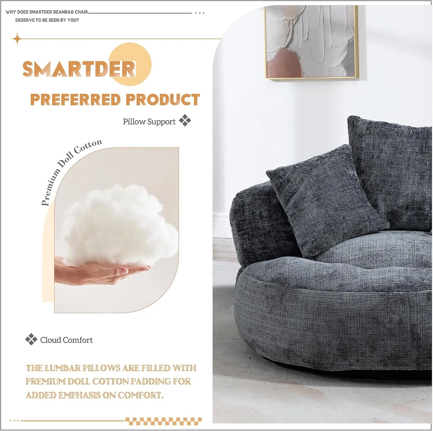 Giant Bean Bag Chair with Foam Filler, Oversized Bean Bag Couch for Adults Teens, Comfy Floor Sofa Chair with 3 Pillows, Lazy Beanbag Lounger for Living Room, Bedroom, Game Room, Dorm, Gray
