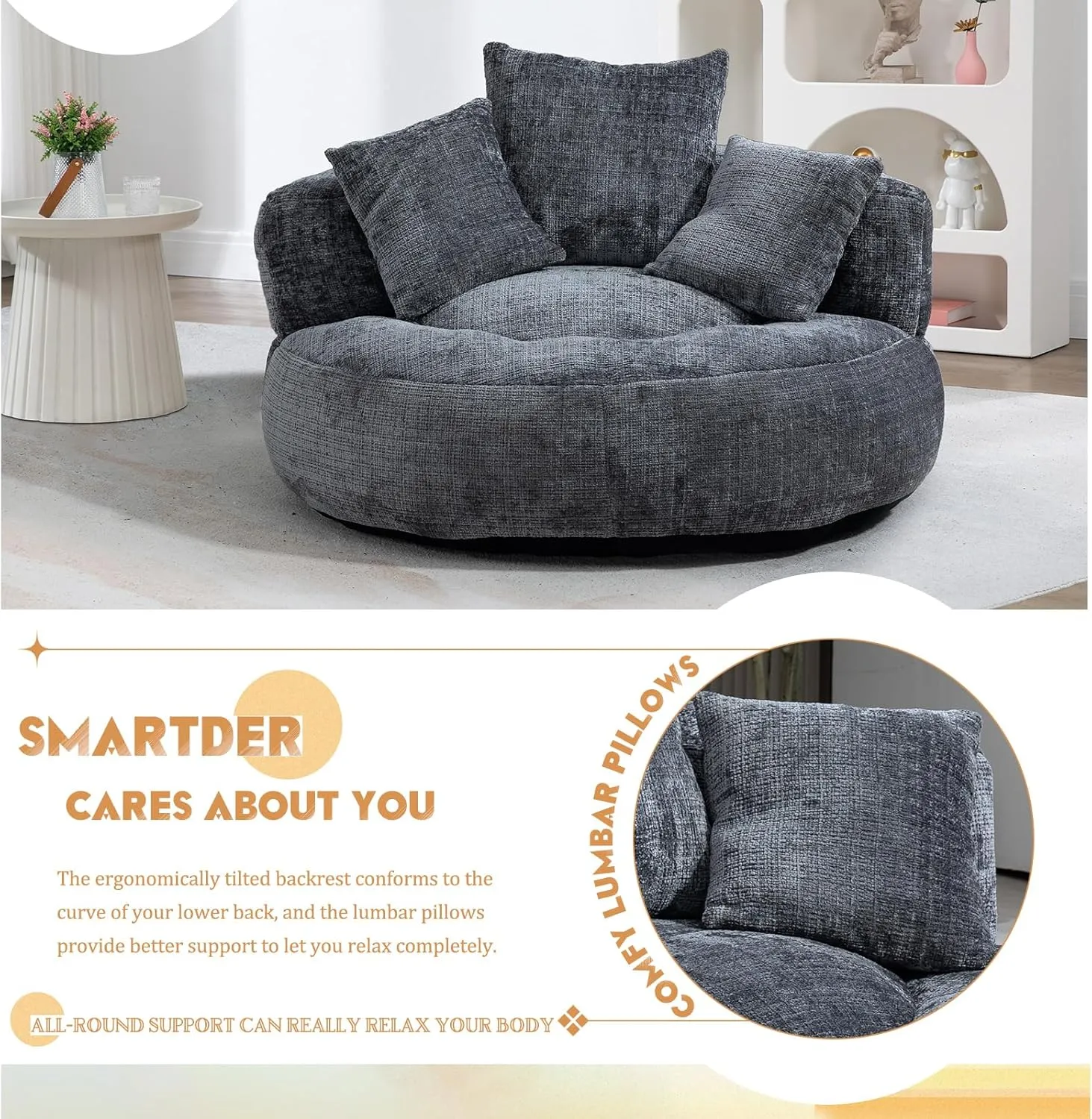 Giant Bean Bag Chair with Foam Filler, Oversized Bean Bag Couch for Adults Teens, Comfy Floor Sofa Chair with 3 Pillows, Lazy Beanbag Lounger for Living Room, Bedroom, Game Room, Dorm, Gray
