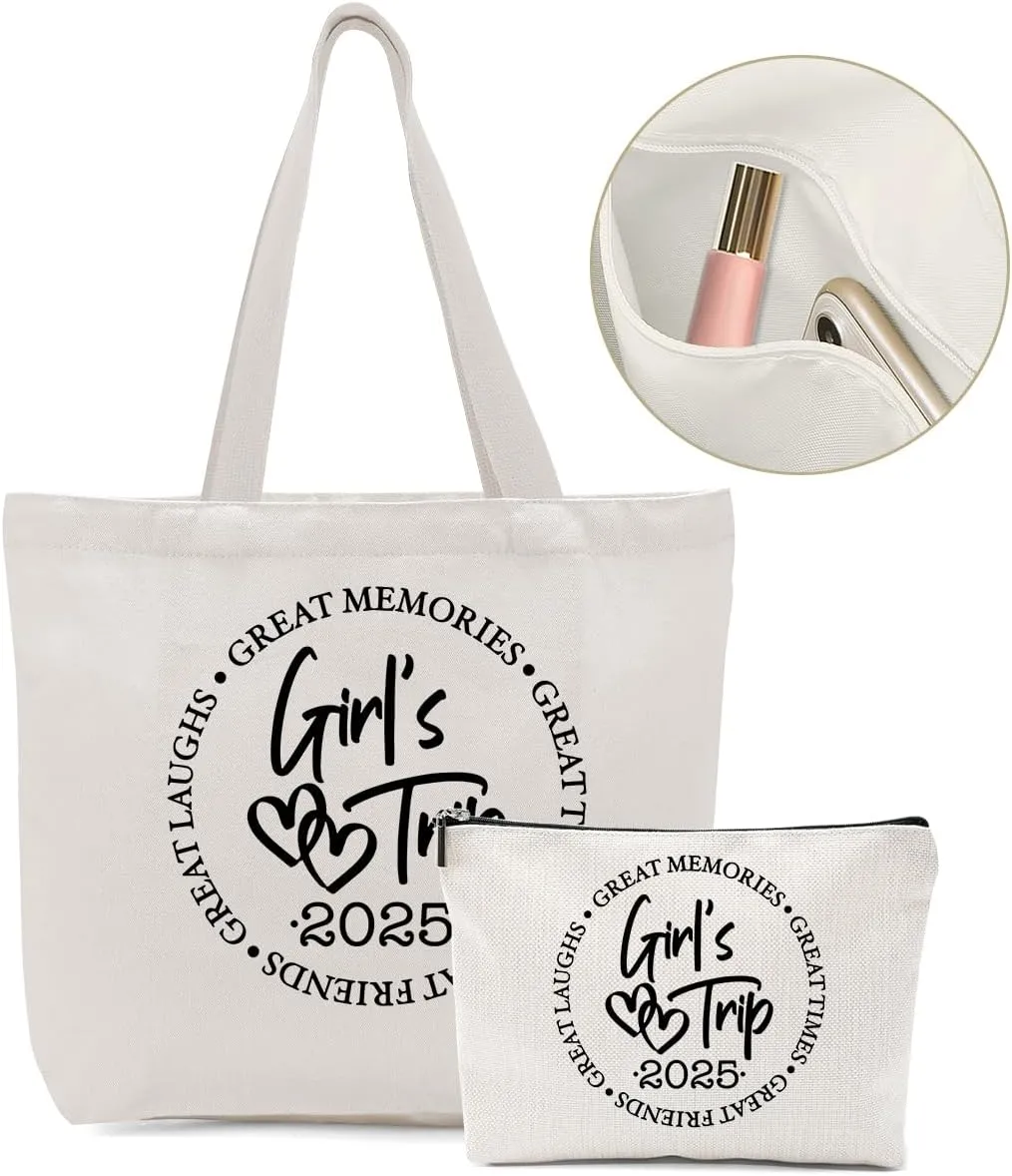Girls Trip Gifts Favors, 2025 Travel Tote Bag & Makeup Bag, Vacation Weekender Bags for Women Friend Coworker, Girls Weekend Gifts Bachelorette Party Friendship Gifts Shopping Bags Cosmetic Bag