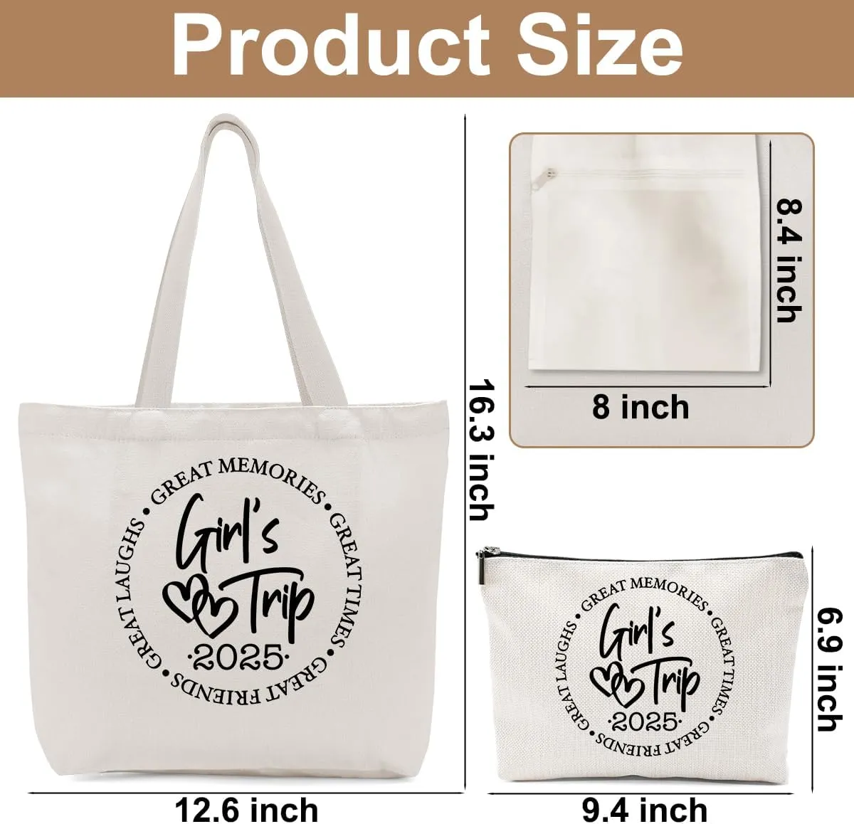 Girls Trip Gifts Favors, 2025 Travel Tote Bag & Makeup Bag, Vacation Weekender Bags for Women Friend Coworker, Girls Weekend Gifts Bachelorette Party Friendship Gifts Shopping Bags Cosmetic Bag