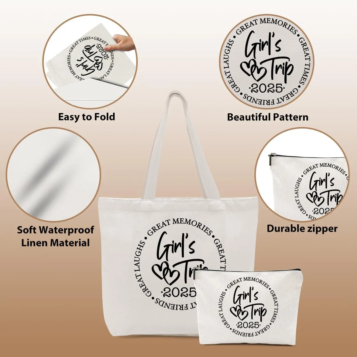 Girls Trip Gifts Favors, 2025 Travel Tote Bag & Makeup Bag, Vacation Weekender Bags for Women Friend Coworker, Girls Weekend Gifts Bachelorette Party Friendship Gifts Shopping Bags Cosmetic Bag