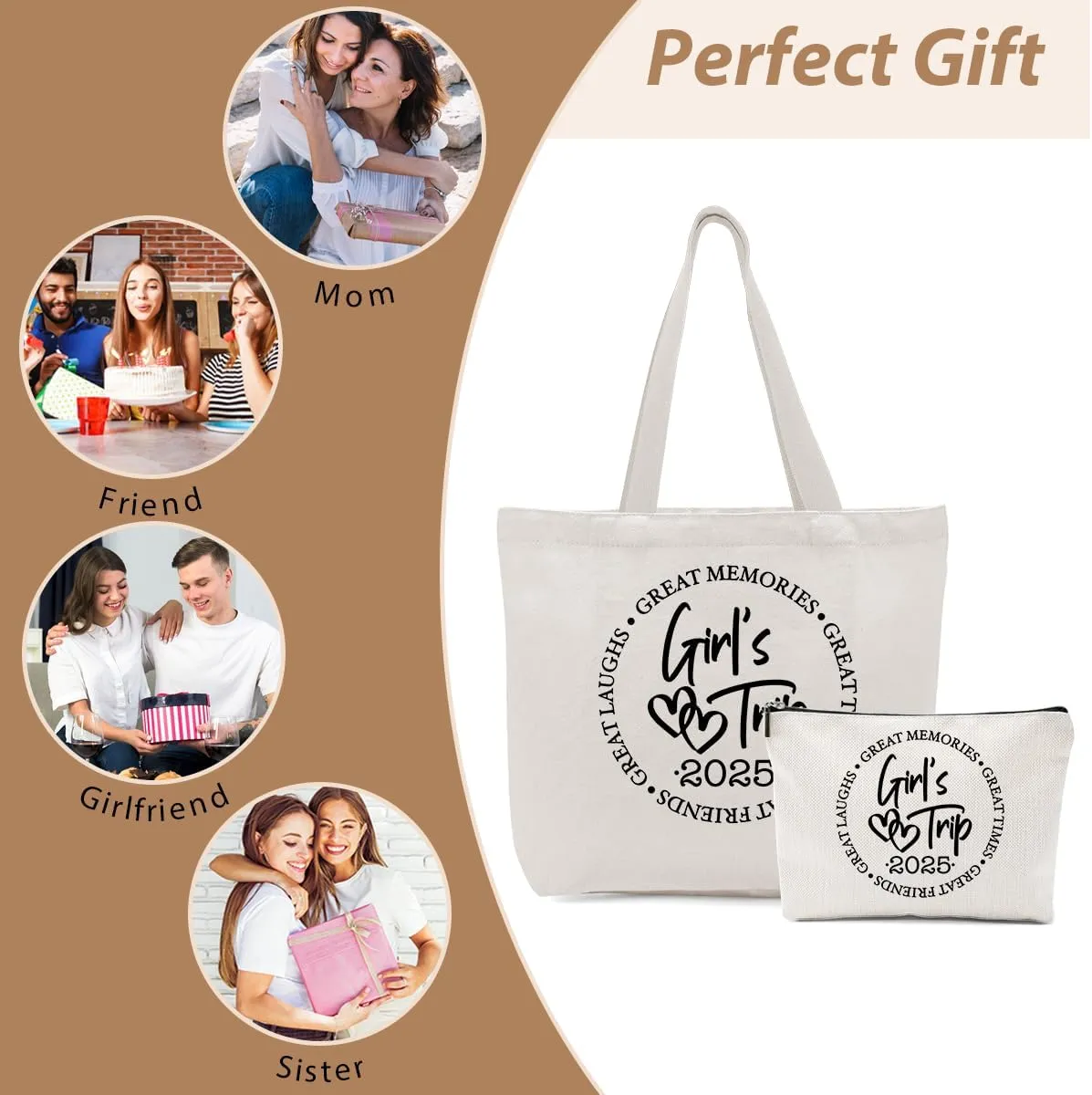 Girls Trip Gifts Favors, 2025 Travel Tote Bag & Makeup Bag, Vacation Weekender Bags for Women Friend Coworker, Girls Weekend Gifts Bachelorette Party Friendship Gifts Shopping Bags Cosmetic Bag