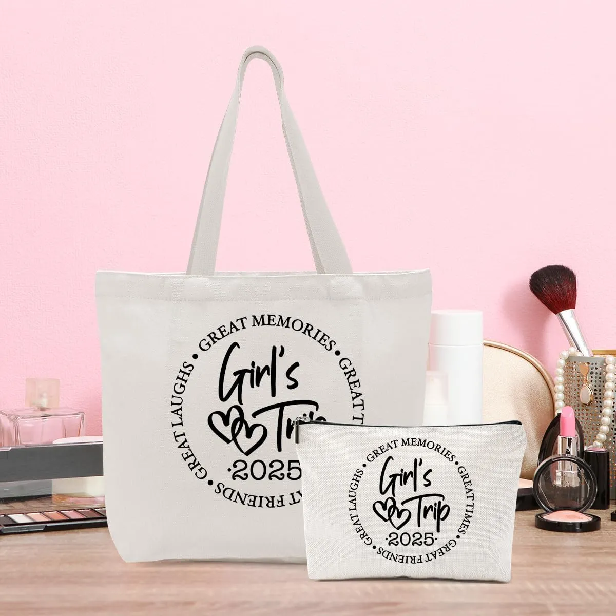 Girls Trip Gifts Favors, 2025 Travel Tote Bag & Makeup Bag, Vacation Weekender Bags for Women Friend Coworker, Girls Weekend Gifts Bachelorette Party Friendship Gifts Shopping Bags Cosmetic Bag