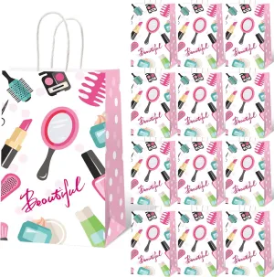 gisgfim 12 Pcs Spa Makeup Birthday Party Goody Treat Favor Bags Cosmetics Party Paper Gift Bags Spa Theme Party Decorations for Kids Girl Makeup Birthday Party Supplies